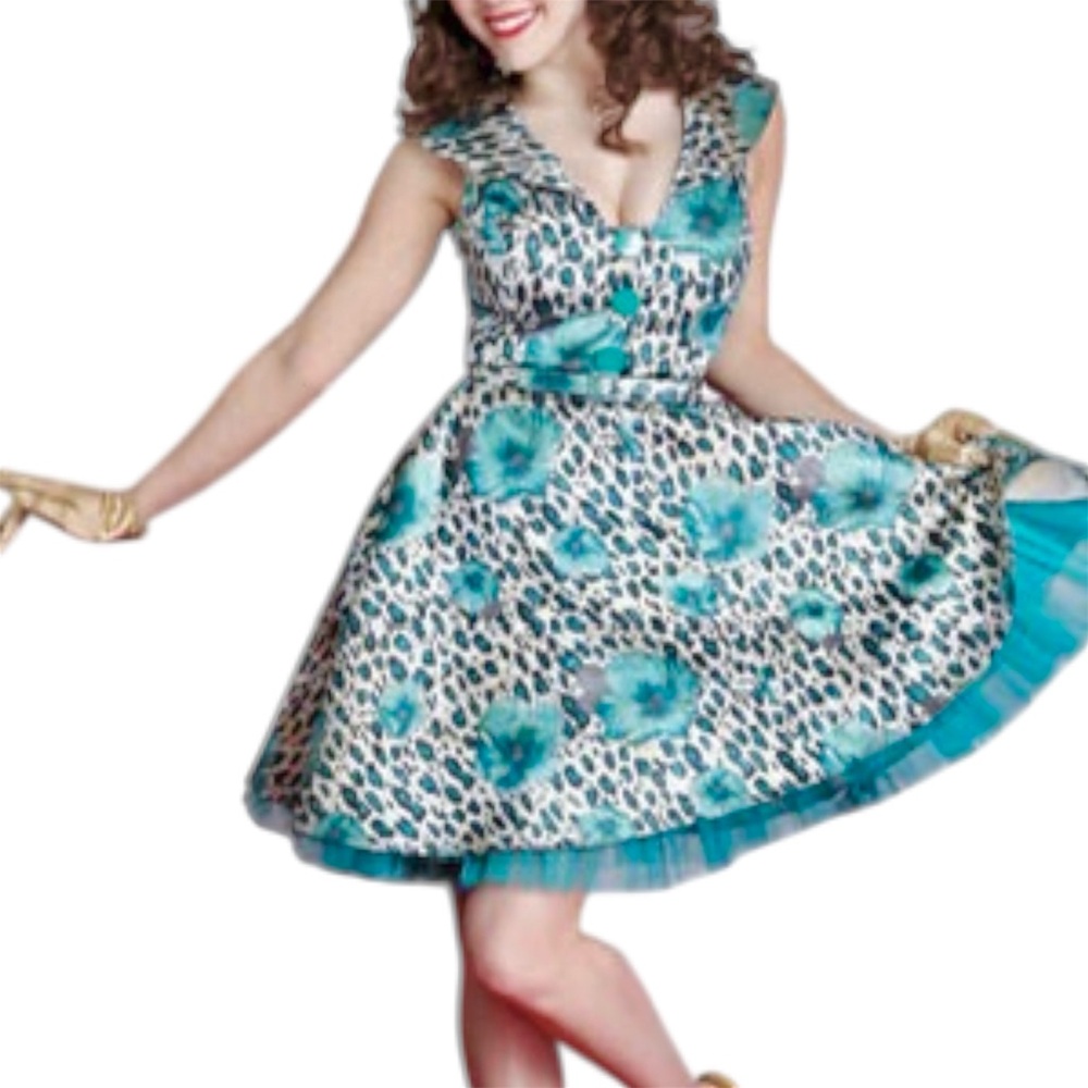 Tatyana Bettie Page Retro Pin-up Cinderella Dress Size S Leopard Floral Teal